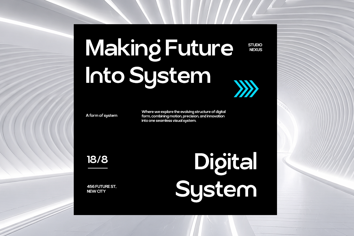 Black poster with bold sans-serif typography about digital systems, cyan arrows, event details on futuristic striped background