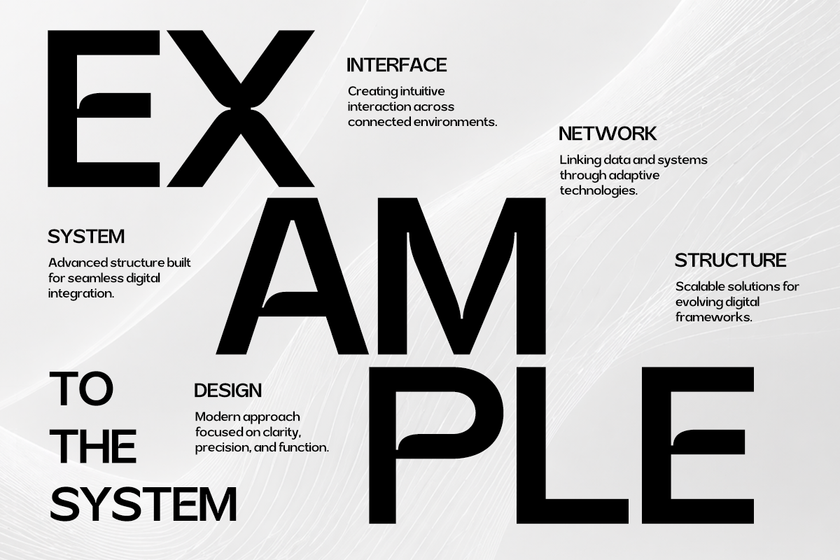 Minimalist design poster with bold black typography spelling "EXAMPLE TO THE SYSTEM" on light gray background with tech specs