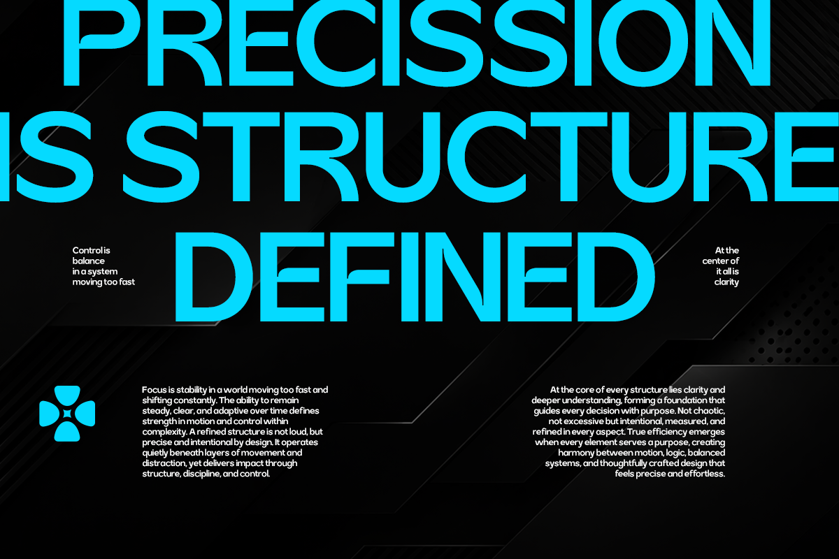 Bright cyan typography on black background with design philosophy text about structure, focus, clarity