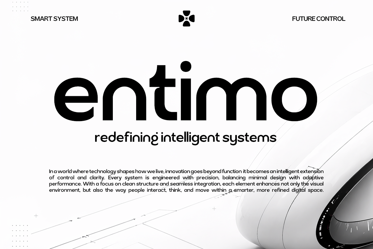 Minimalist tech landing page with bold "entimo" wordmark, tagline about intelligent systems, geometric icons, sleek device mockup on right