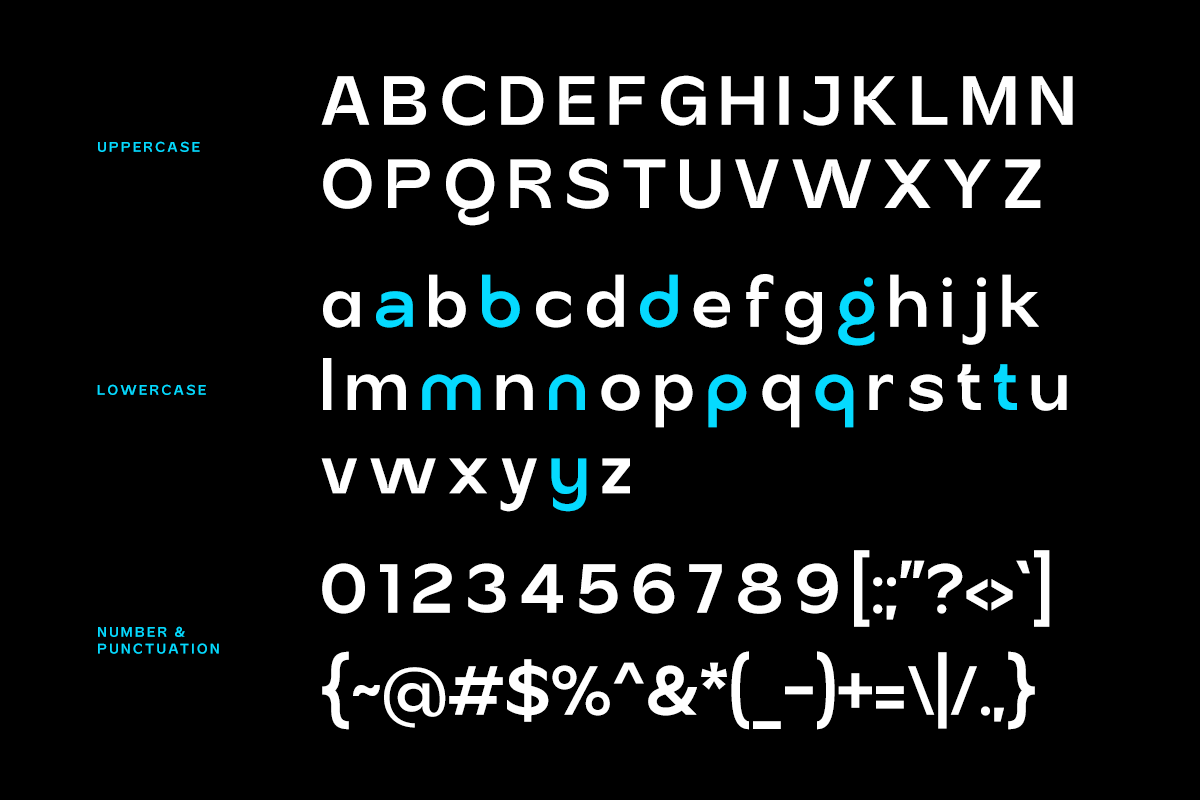 Modern sans serif font showing uppercase, lowercase letters with cyan highlights on black background