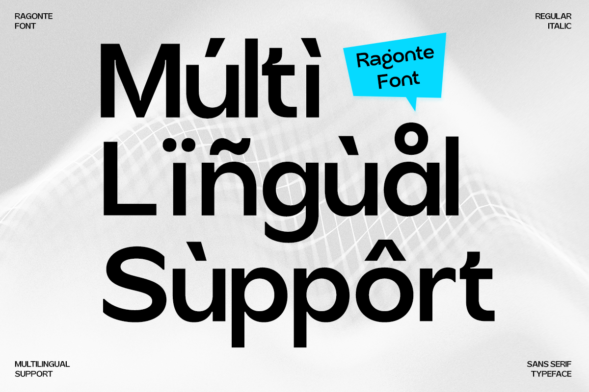 Ragonte sans serif font display showing multilingual characters with italic style option labeled