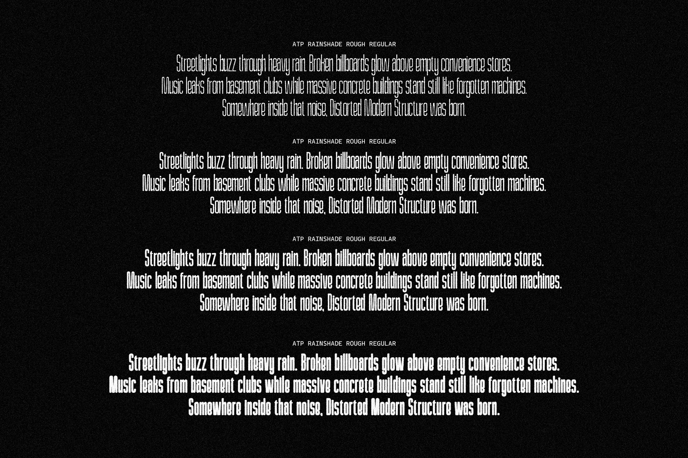 ATP Rainshade Rough Regular font displayed in four weight variations on black background