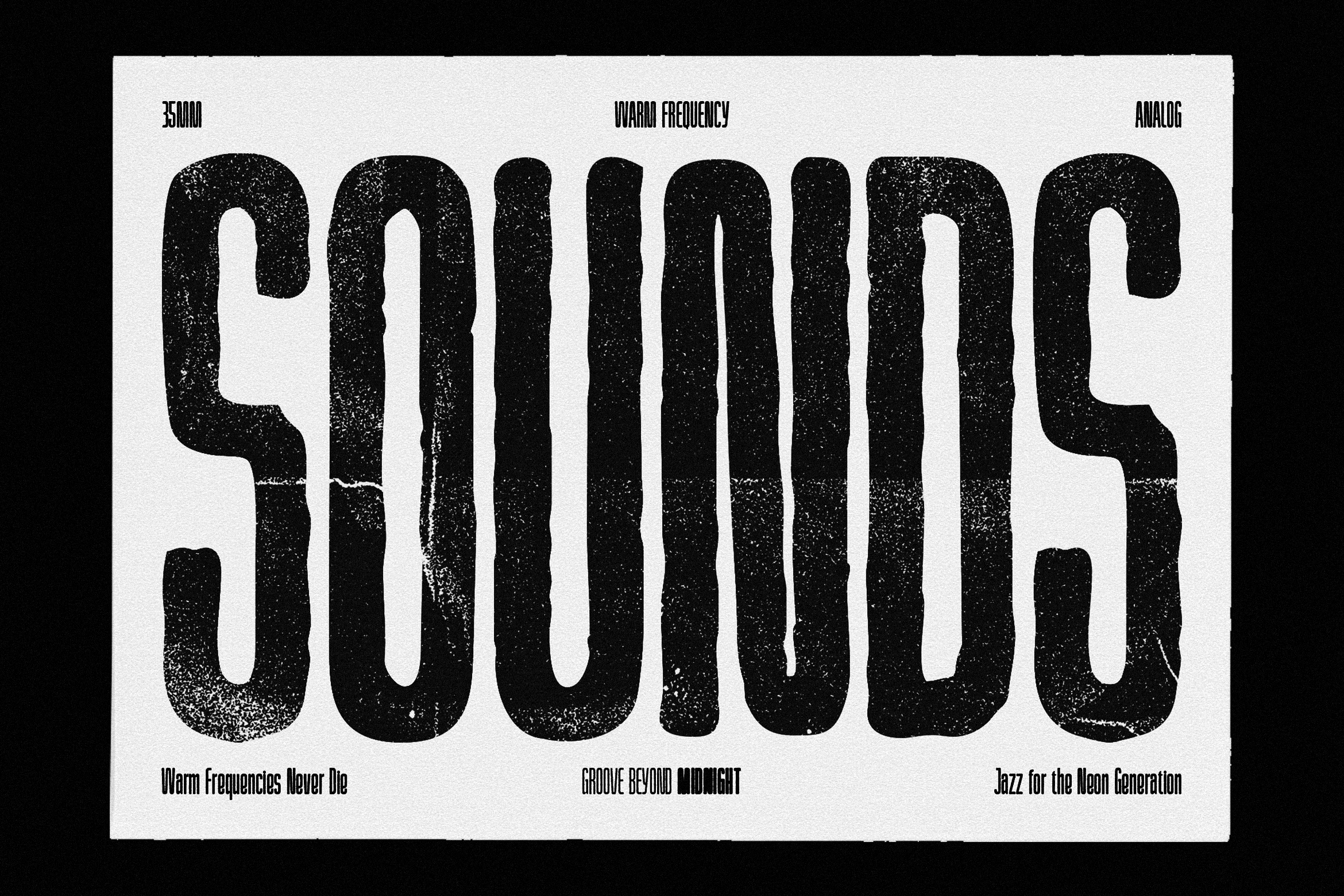 Retro poster design with chunky distressed typeface, warm frequency label, analog aesthetic with grungy texture overlay