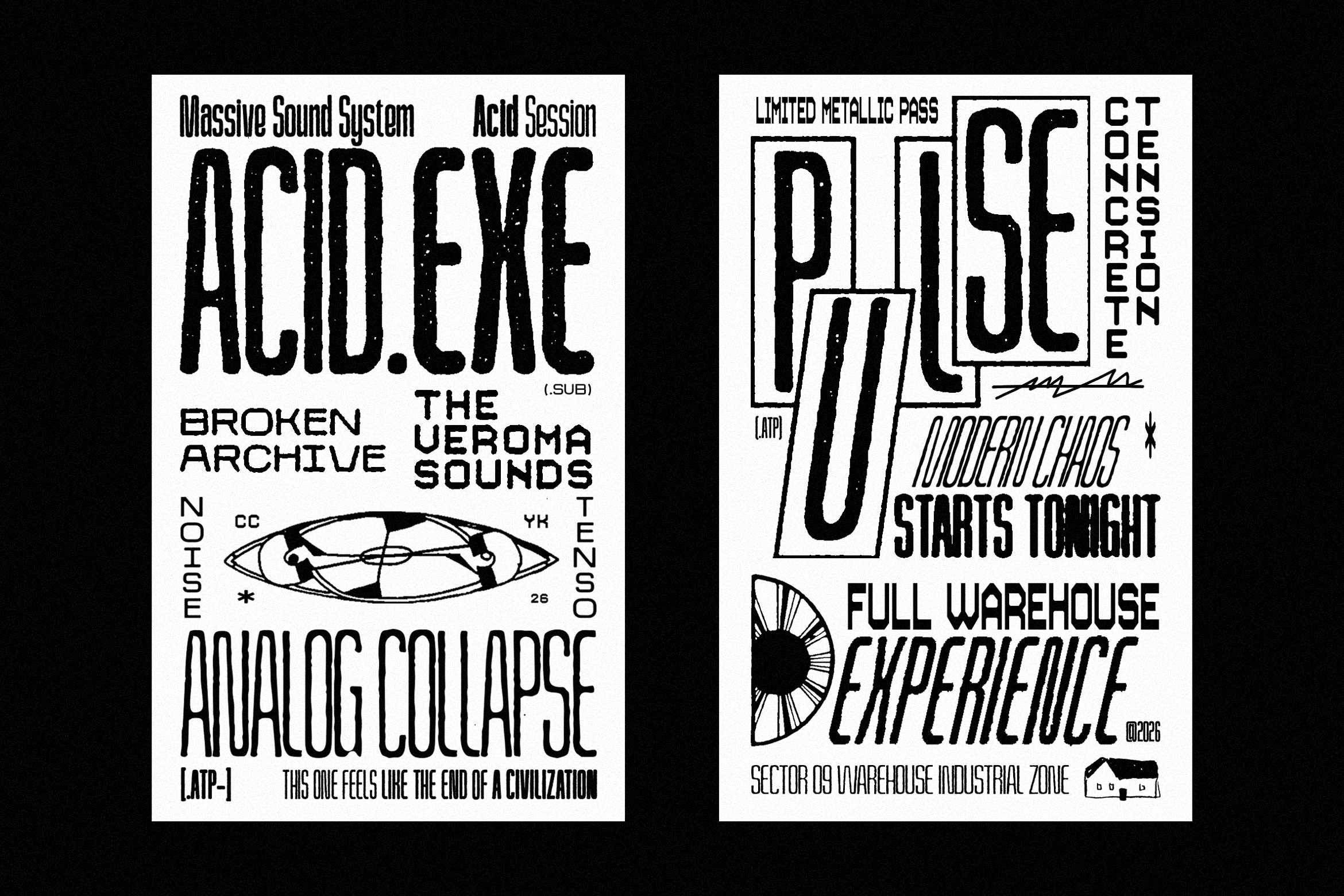 Grungy techno rave posters with distressed typography, geometric shapes, bold sans serif fonts, industrial vibes