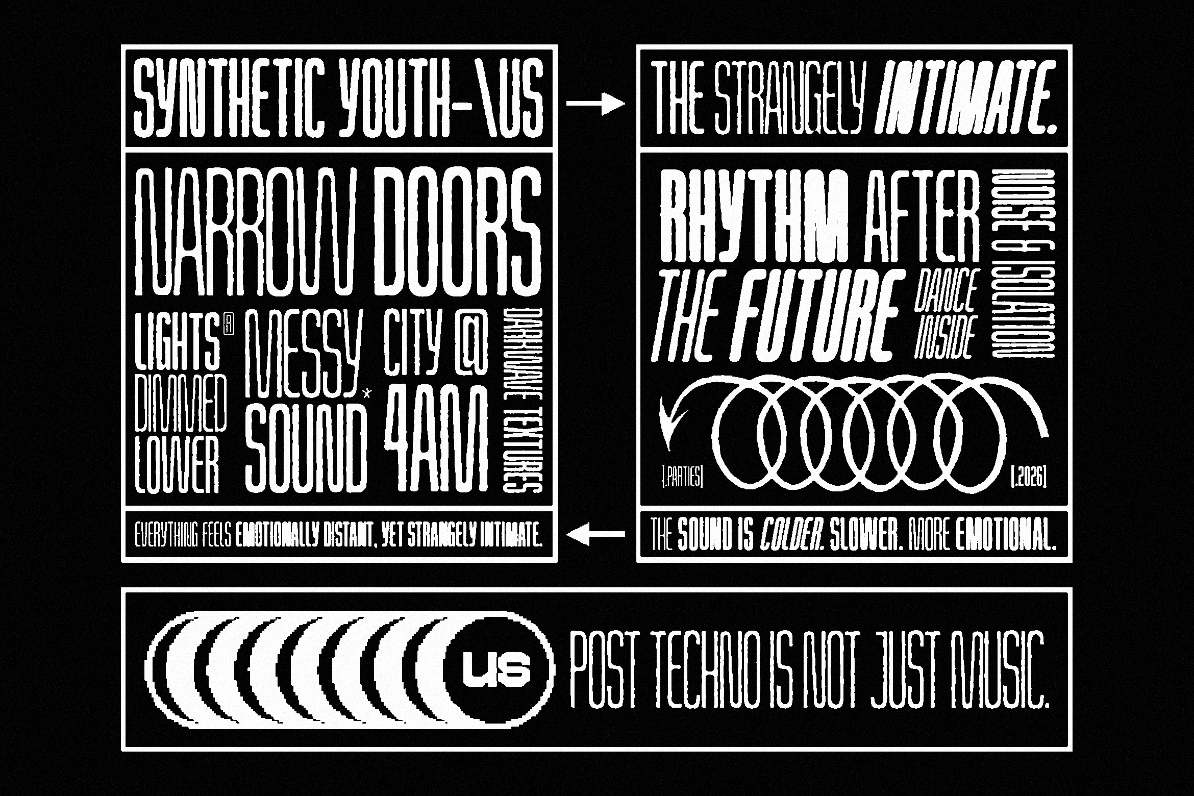 Bold industrial typography poster with stacked text layouts on black background, edgy youth culture vibes
