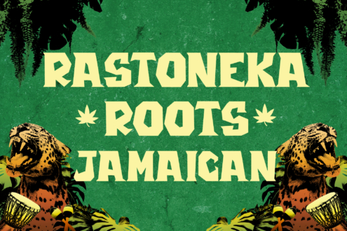 Rastafarian reggae poster with bold yellow text, lions, vines, drums on textured green background