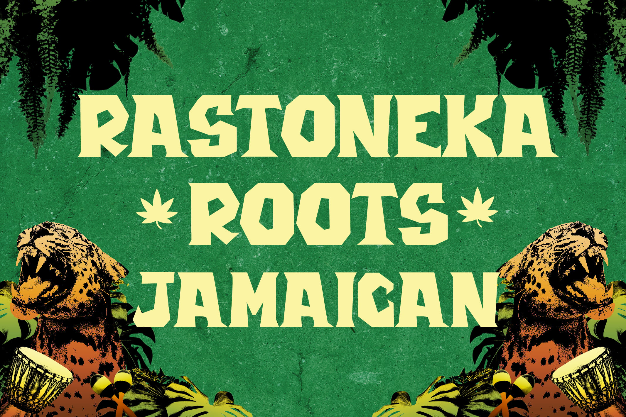 Rastafarian reggae poster with bold yellow text, lions, vines, drums on textured green background