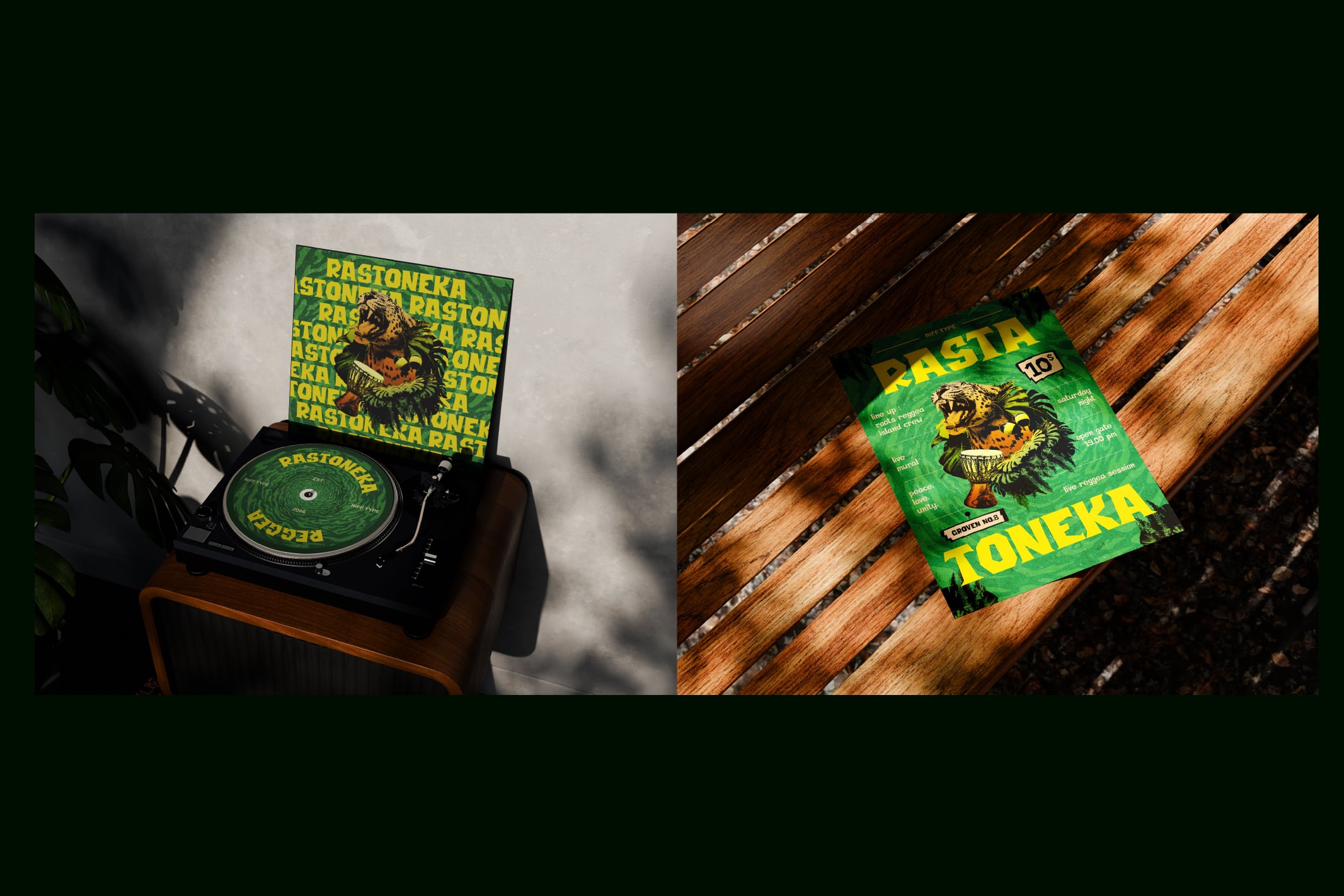 Vinyl record player with green album cover mockup shown on wooden table with natural shadows