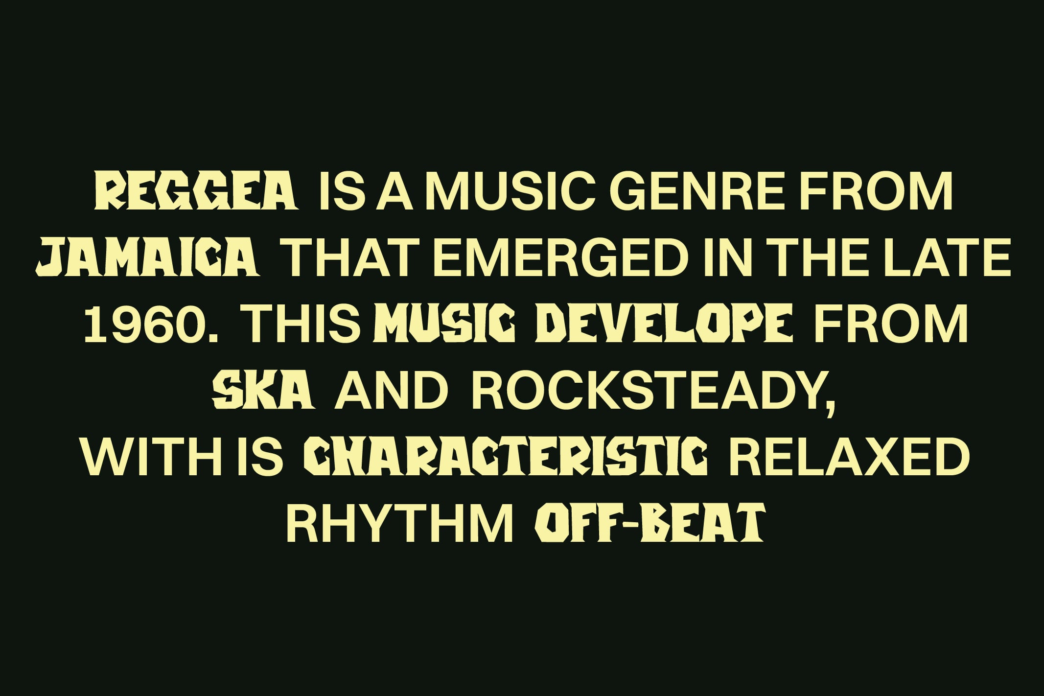 Bold yellow typography on dark background explaining reggae music history