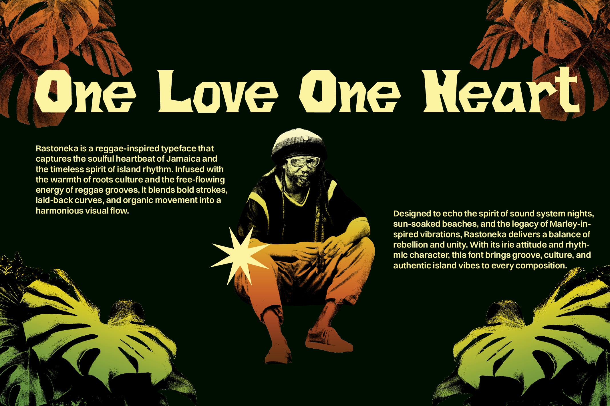 Rastoneka reggae font with tropical leaves, bold yellow lettering, figure in orange tones on dark background
