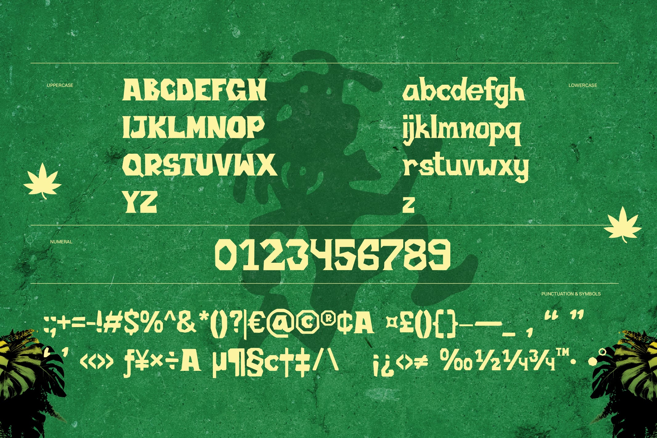 Funky display font with uppercase, lowercase, numerals, plus symbols on textured green background with leaf graphics