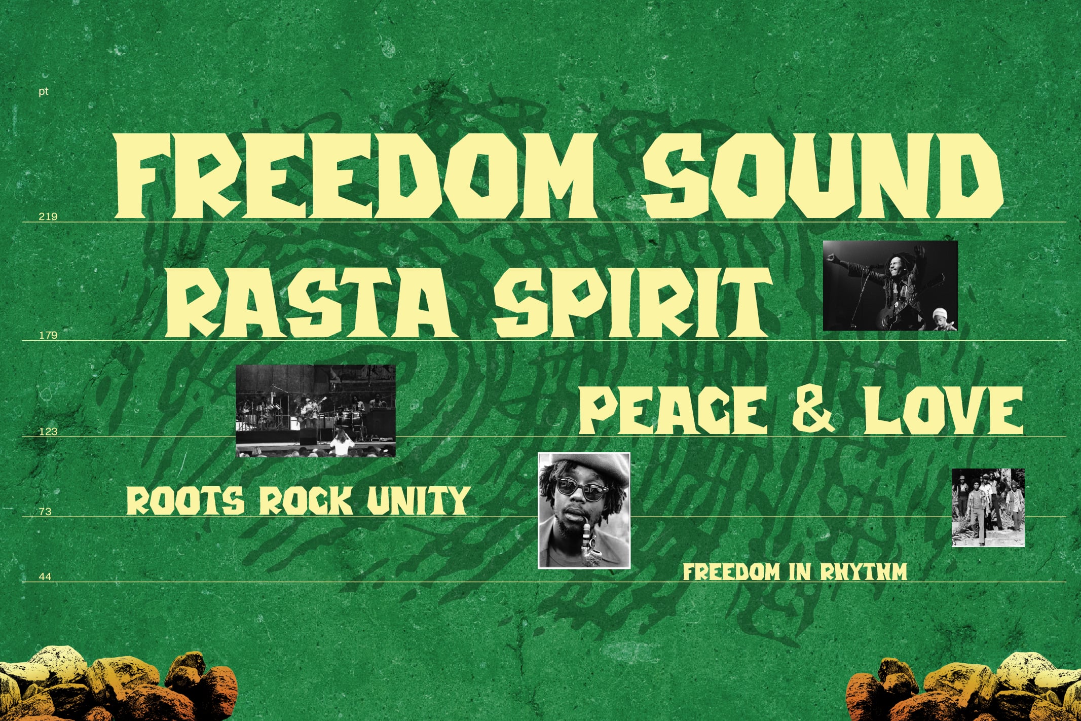 Retro reggae poster layout with cream text on weathered green background, scattered black photos of musicians, horizontal guide lines, rasta colors