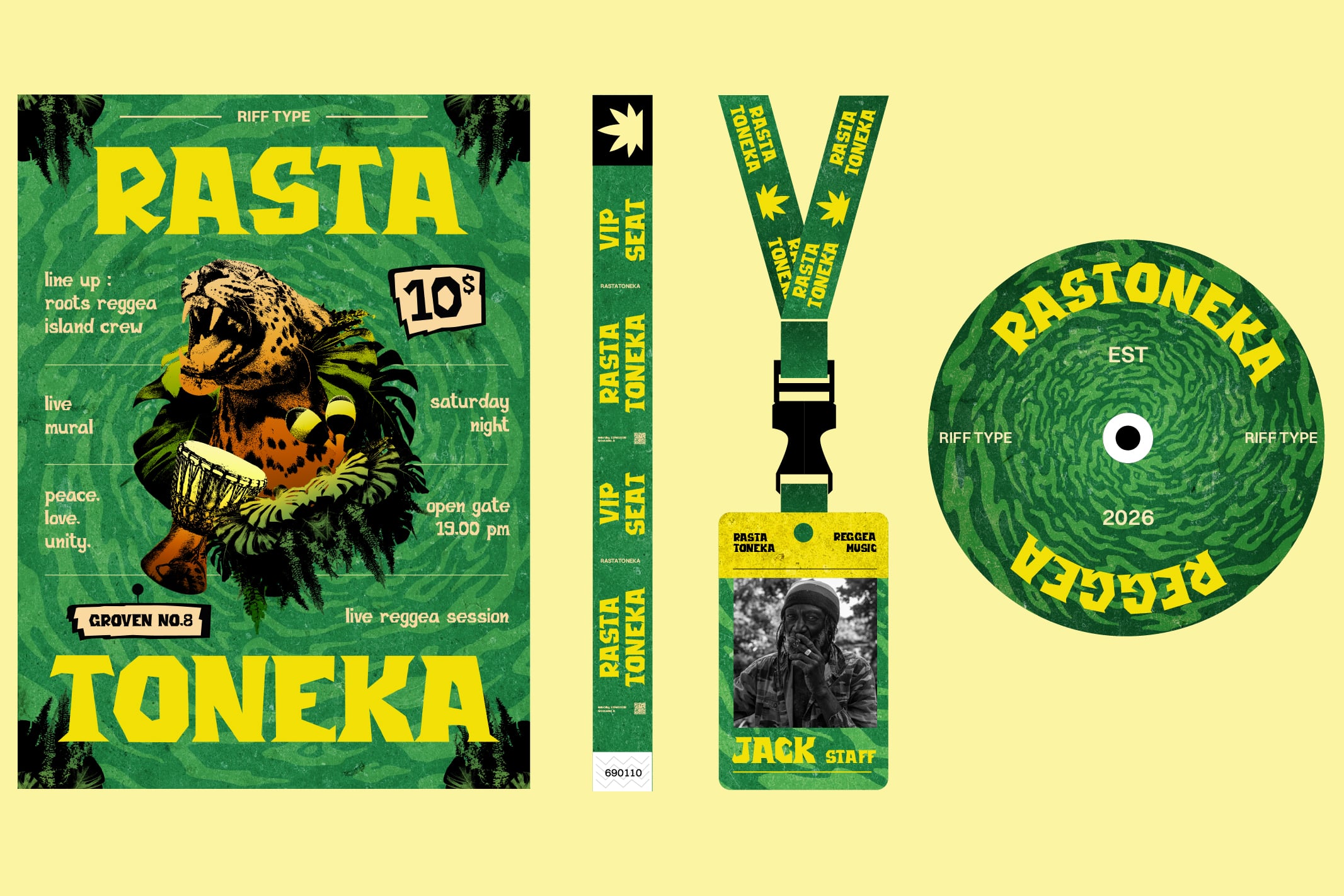 Rasta Toneka event branding mockup with poster, lanyard, vinyl, staff badge on yellow