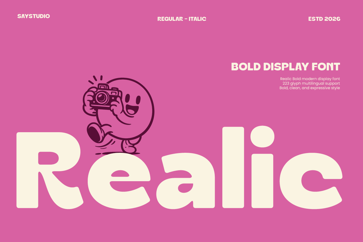 Realic bold display font with cute character holding camera on hot pink background