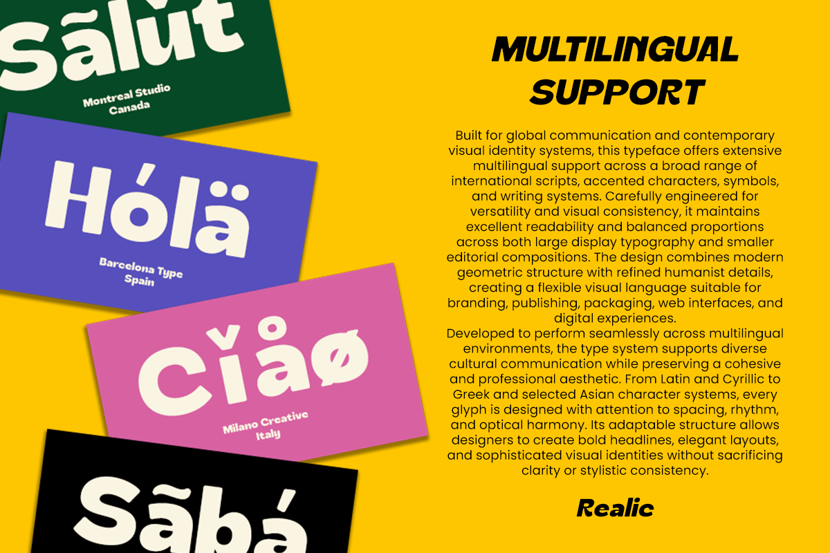 Realic typeface displaying multilingual greetings in green, purple, pink, black cards on bright yellow background