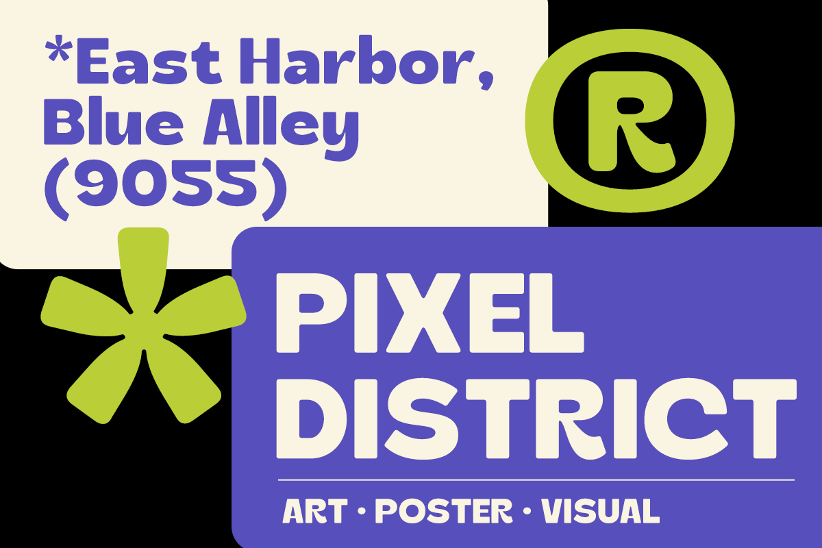 Pixel District branding with bold purple type, lime accents, geometric logo on cream, blue, black color blocks