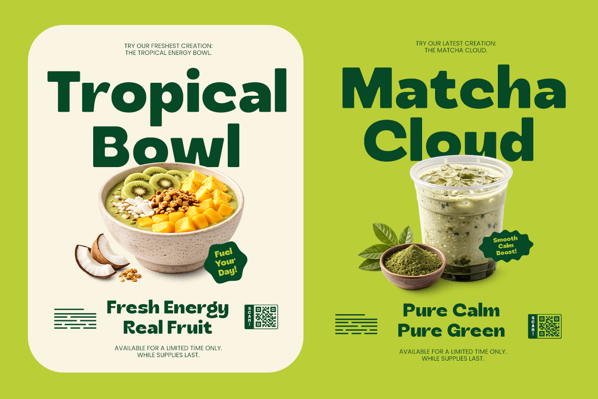 Split screen mockup showing tropical bowl on cream side, matcha drink on lime green side
