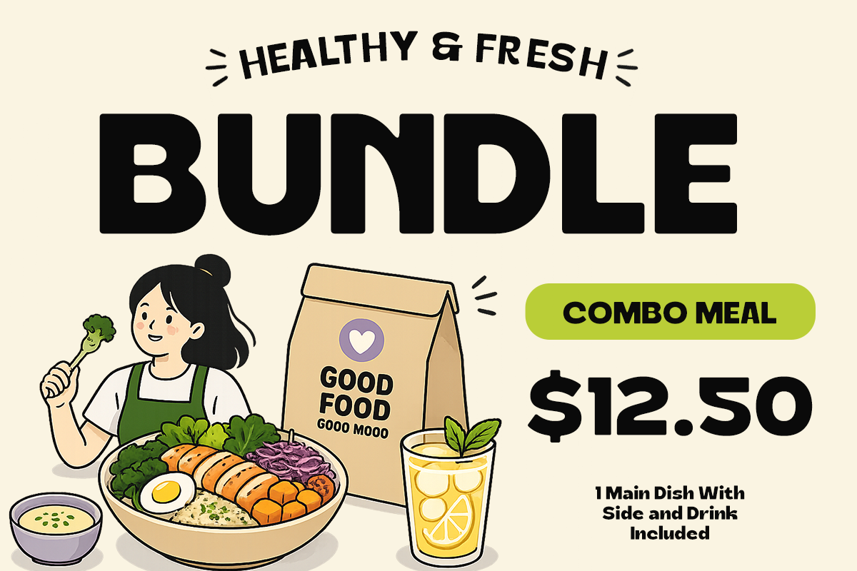 Colorful food delivery poster with illustrated woman holding broccoli, bowl of noodles, drink, paper bag labeled good food good mood