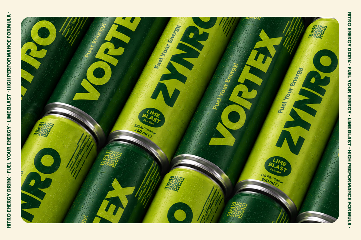 Overhead shot of lime-colored energy drink cans arranged diagonally with condensation beads