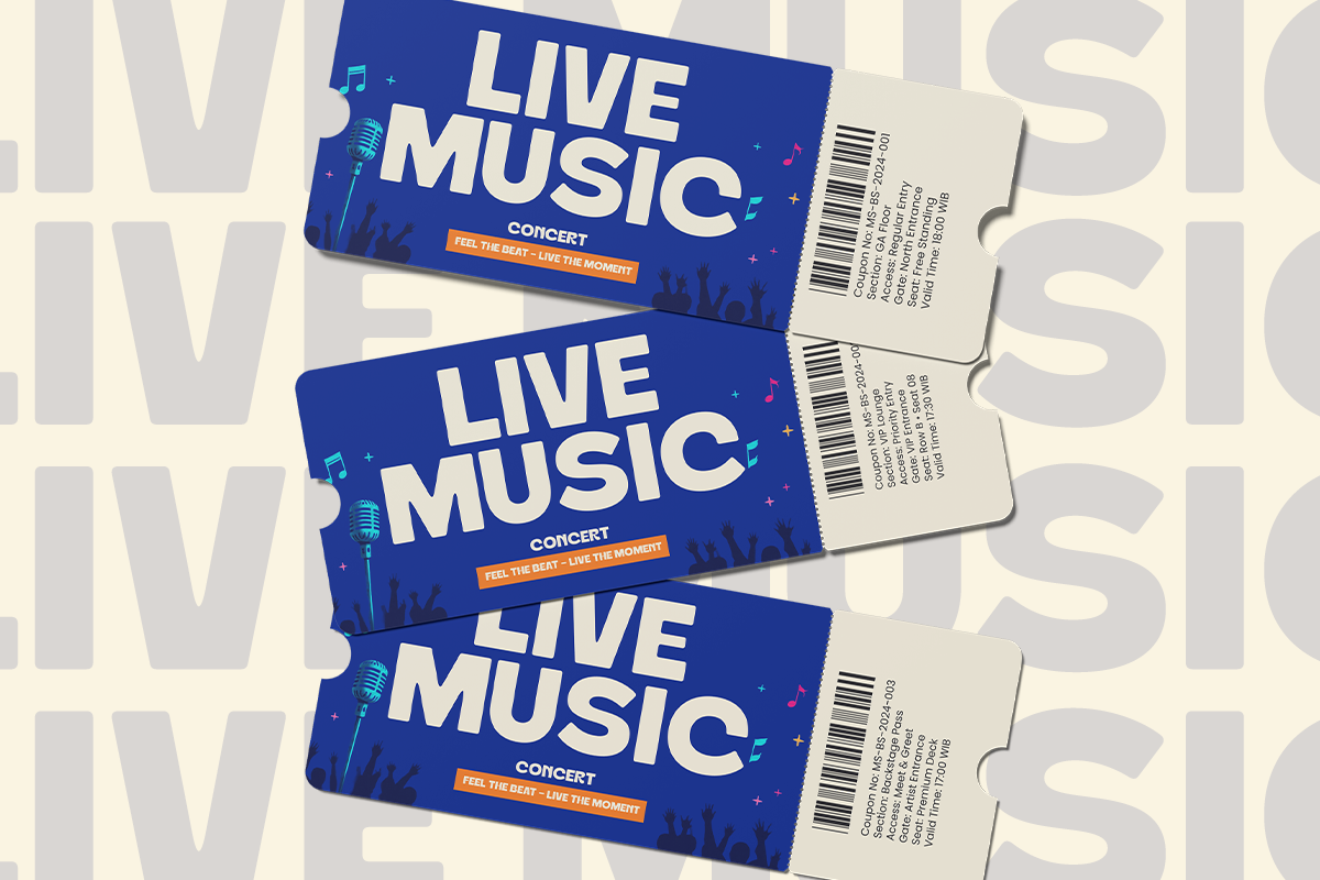 Live music concert ticket mockup with three blue passes showing barcode, microphone illustration, colorful confetti details