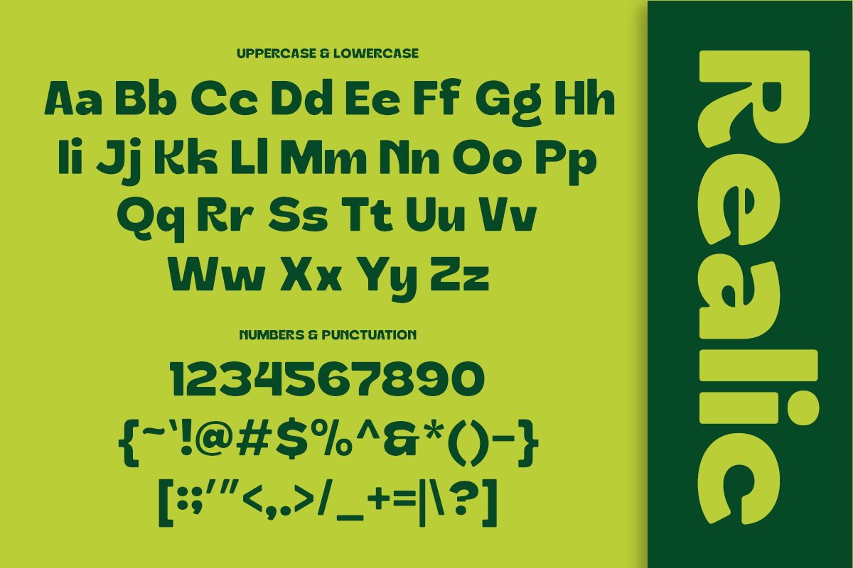 Bold sans serif typeface with full character set, numbers, punctuation on lime green background
