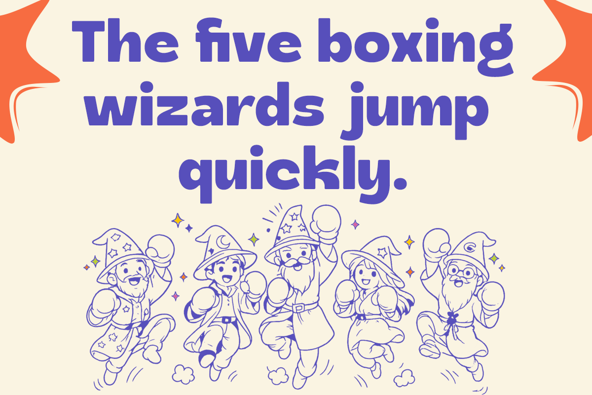 Five cartoon wizards in robes with pointy hats boxing while jumping around playfully