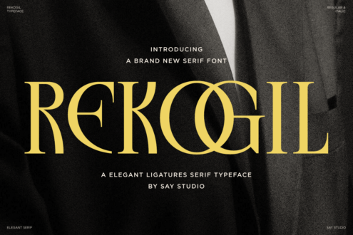 Rekogil serif font in gold on dark fabric backdrop with typography samples