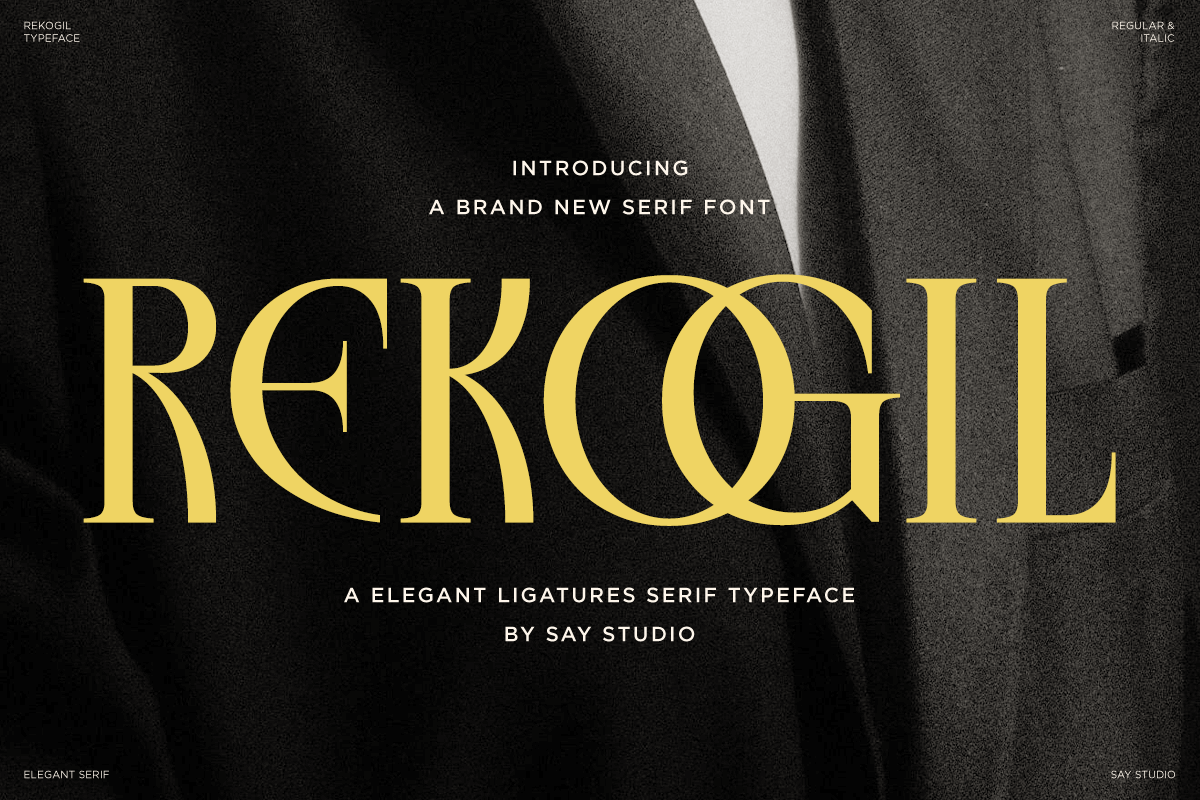 Rekogil serif font in gold on dark fabric backdrop with typography samples