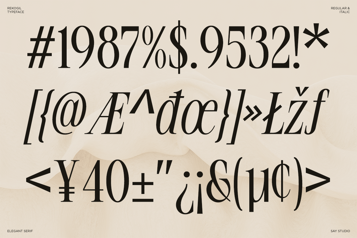 Rekogil typeface showing regular italic weights with numbers, symbols, currency characters on beige background