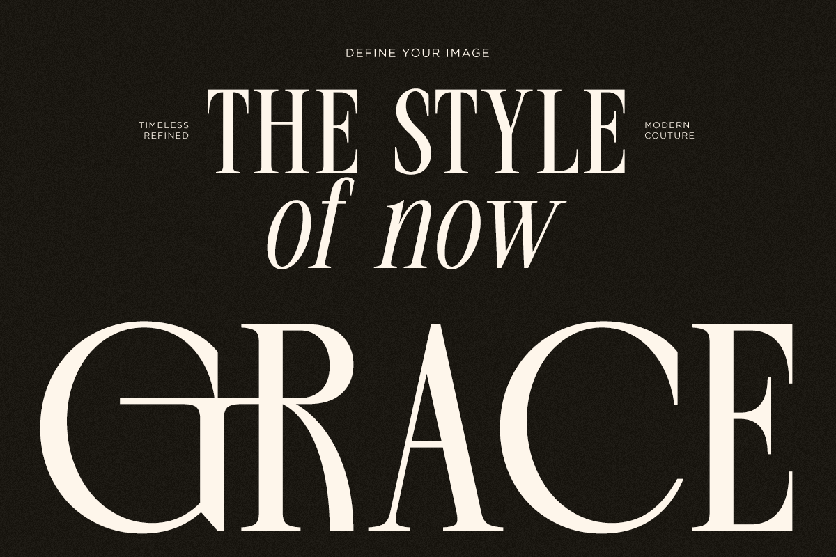 Elegant serif typography on dark background reading "Define Your Image, The Style of Now, Grace"