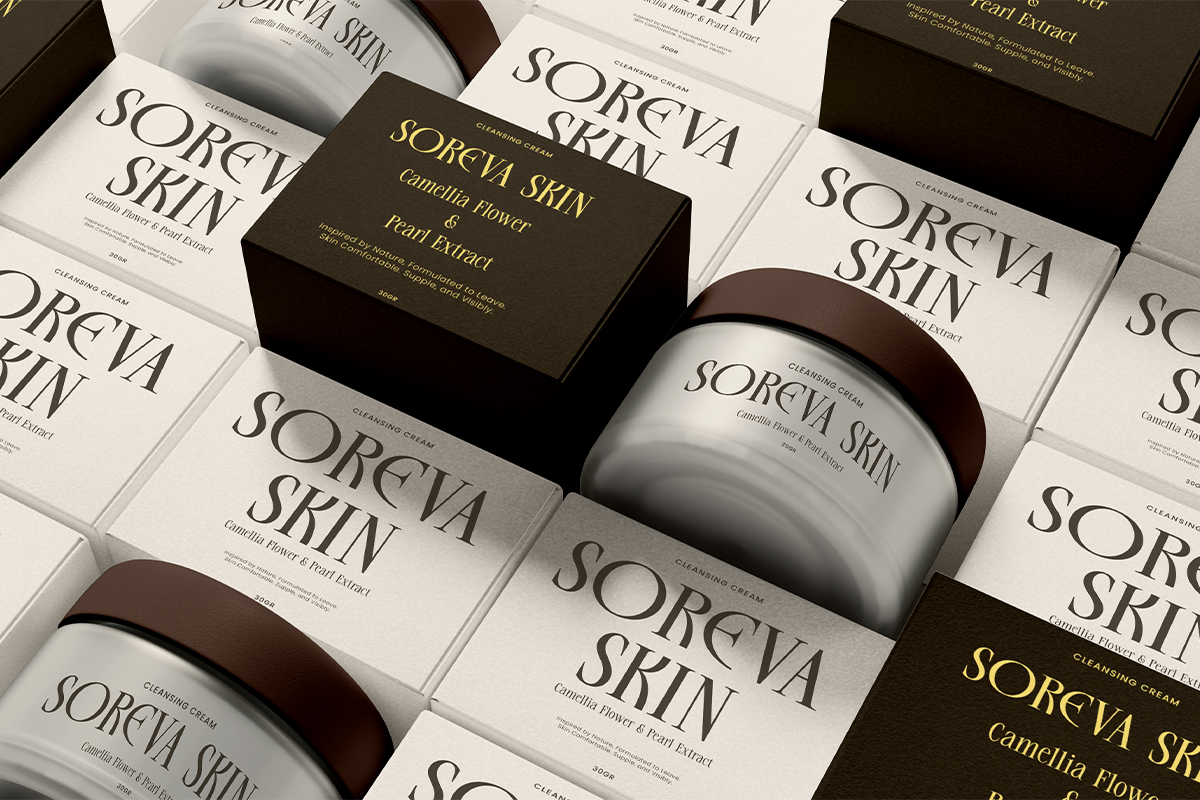 Soreva Skin luxury skincare packaging mockup with cream jars, boxes, minimalist branding