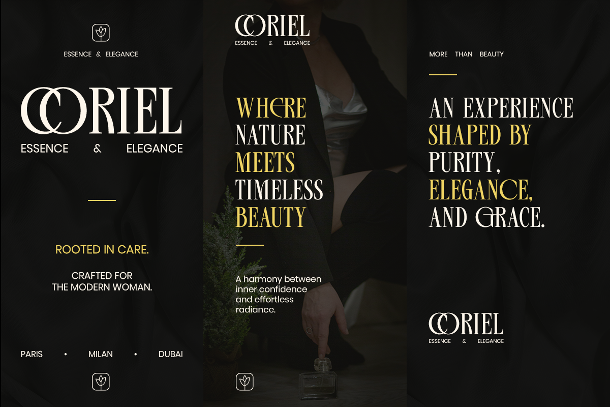 Luxury beauty brand website mockup with elegant serif typography, gold accents, dark background
