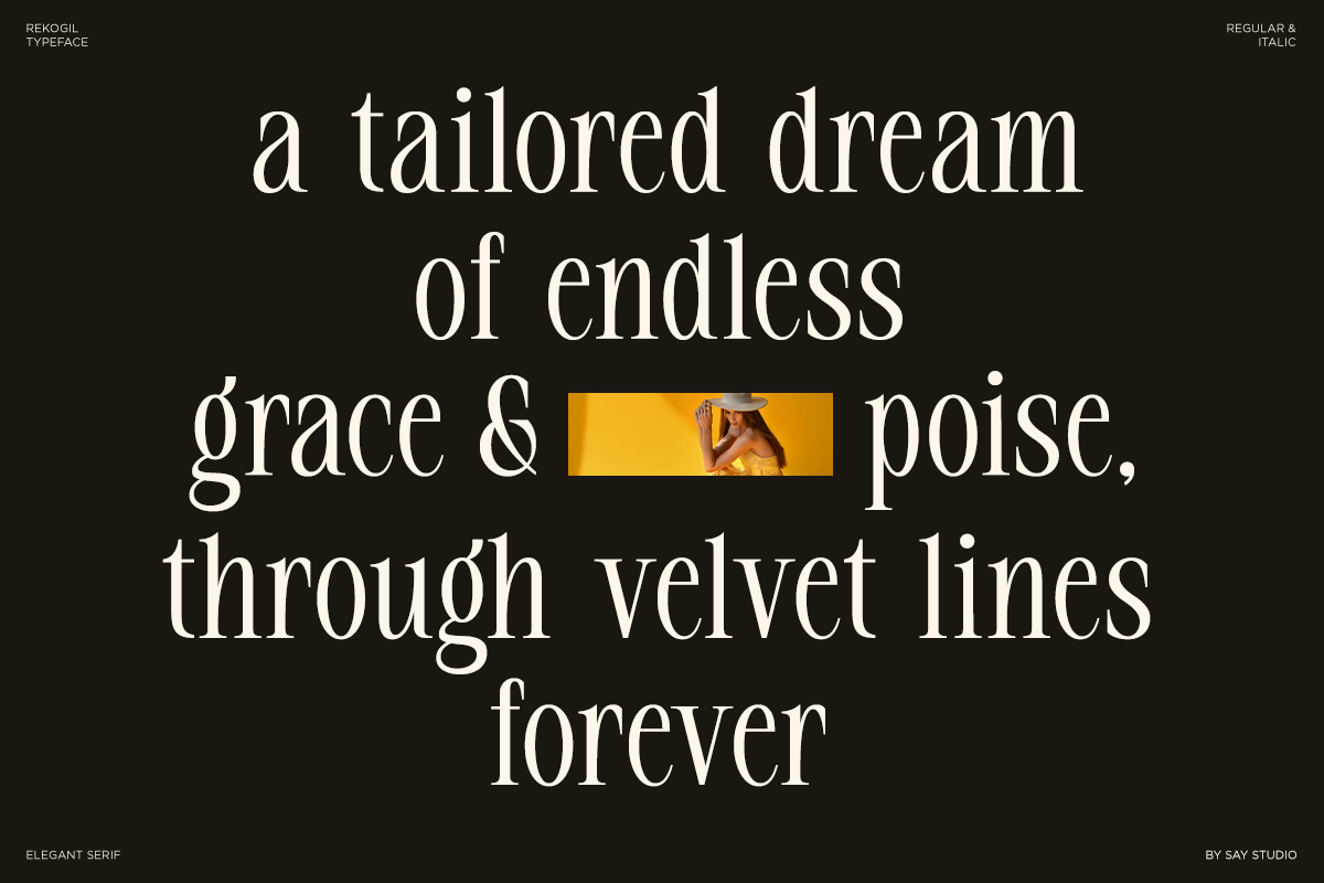 Rekogil serif typeface displayed in regular italic weight on dark background