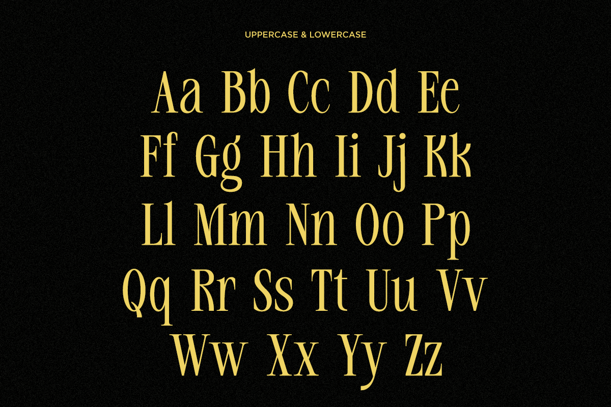 Gold serif font showing uppercase plus lowercase letters on black background