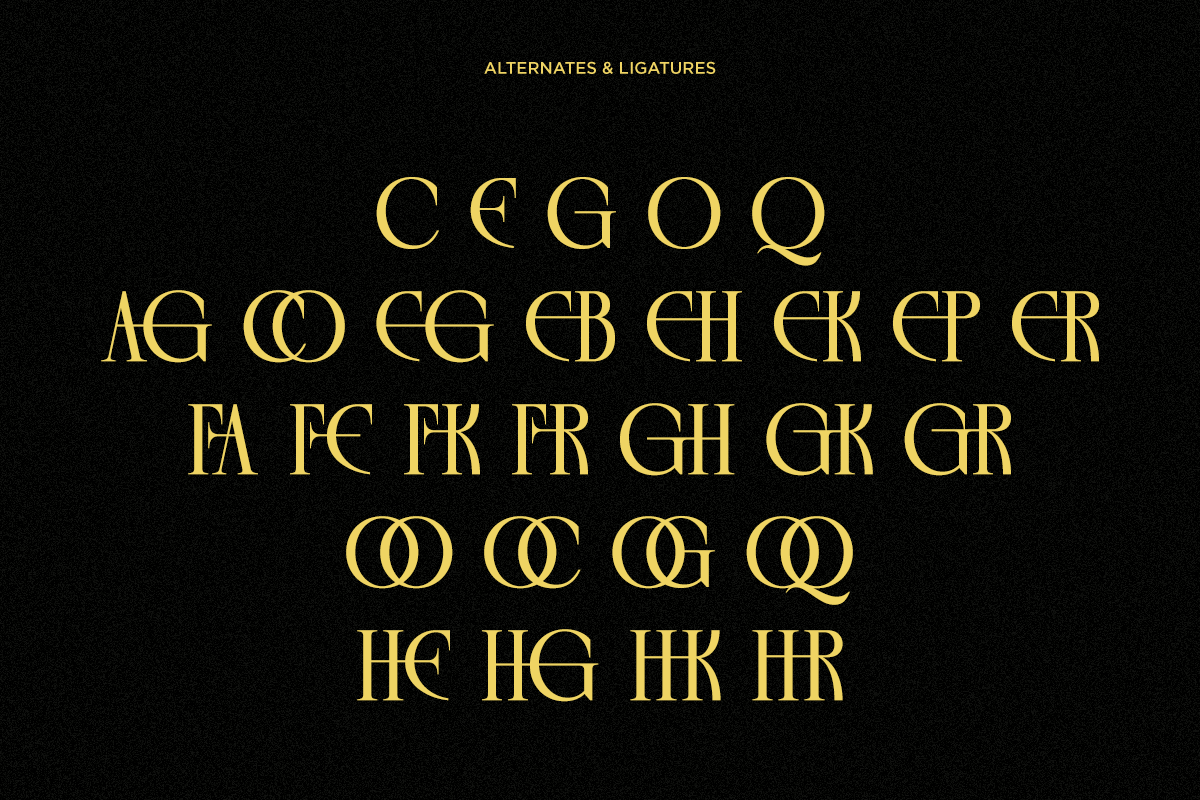 Gold serif ligatures showing alternate character combinations on black background