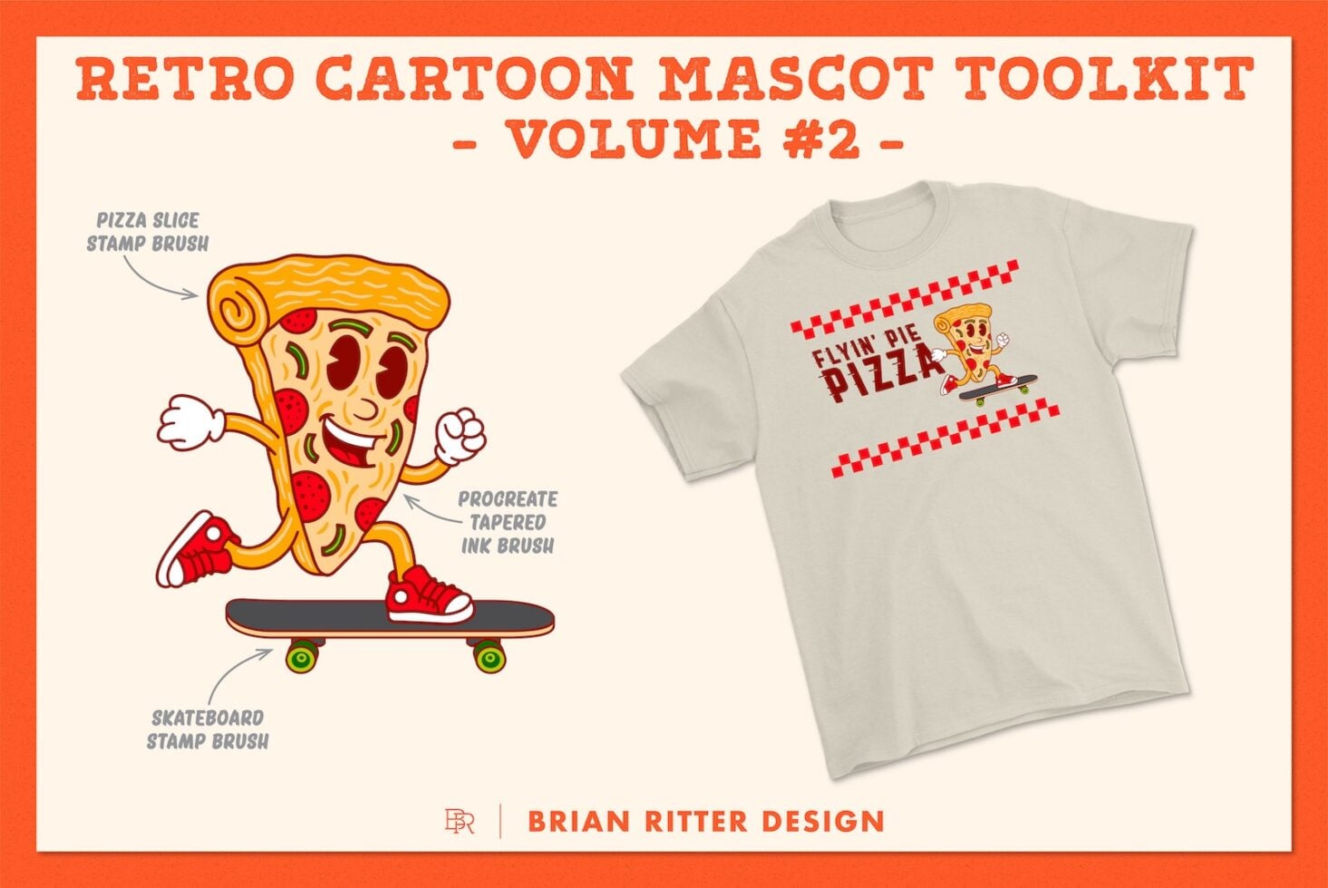 Retro cartoon pizza mascot on skateboard with procreate brushes shown on tee mockup