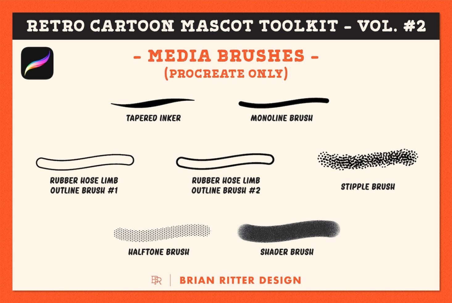 Retro cartoon mascot toolkit volume 2 showing 7 Procreate media brushes like tapered inker, monoline, rubber hose outline, stipple, halftone, shader