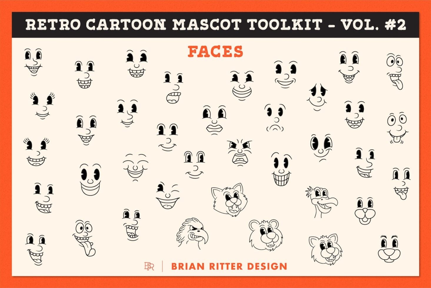 Retro cartoon mascot faces with wild expressions, big eyes, goofy grins on cream background