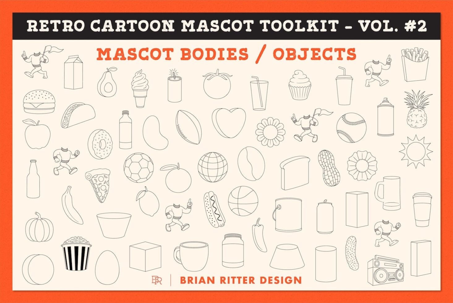 Retro cartoon mascot toolkit volume 2 with line art food, objects plus character bodies