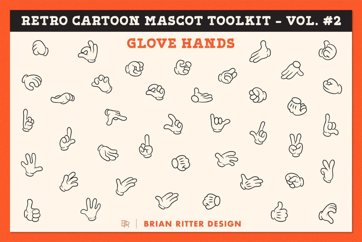 Retro cartoon glove hands toolkit vol 2 with 40+ gesture poses in classic line art style