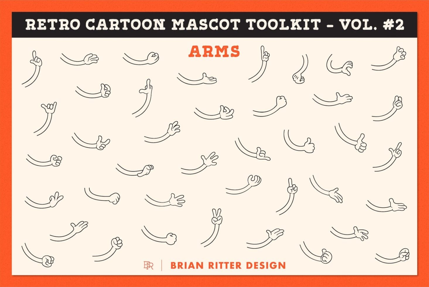 Retro cartoon mascot arms toolkit vol 2, line drawings of vintage character hands in various poses