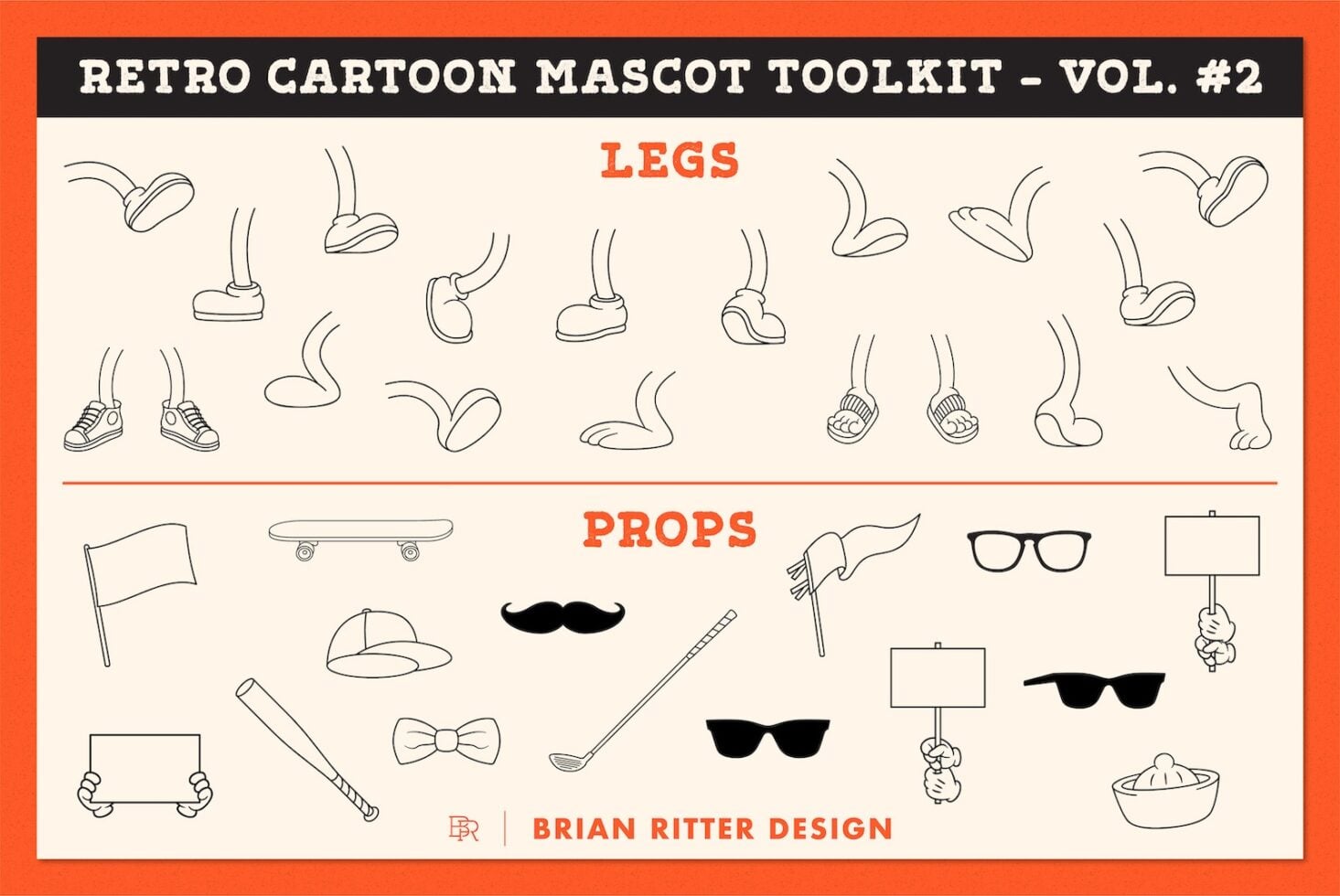 Retro cartoon mascot toolkit vol 2 with vintage legs, shoes, props like glasses, signs, skateboard