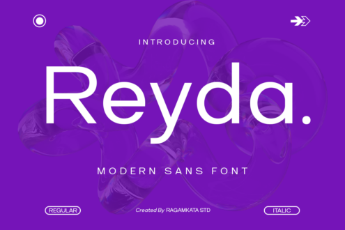 Reyda modern sans font displayed in white on vibrant purple background with organic shapes