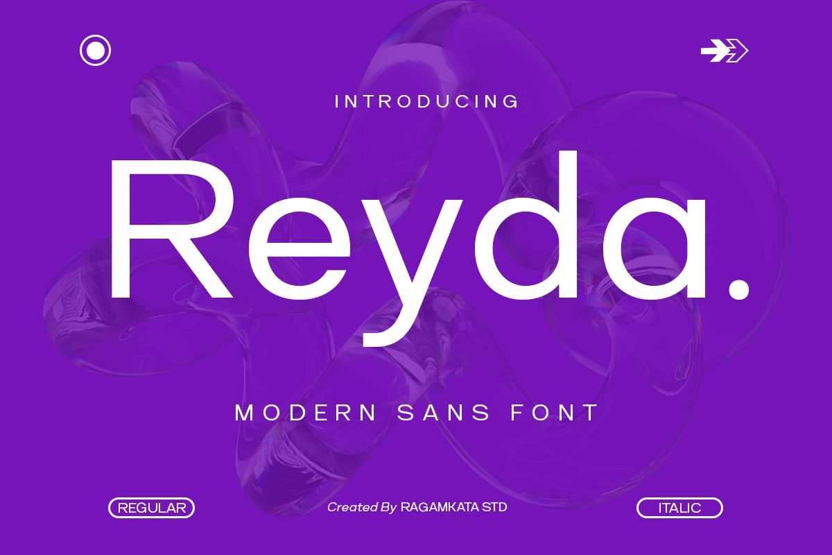 Reyda modern sans font displayed in white on vibrant purple background with organic shapes