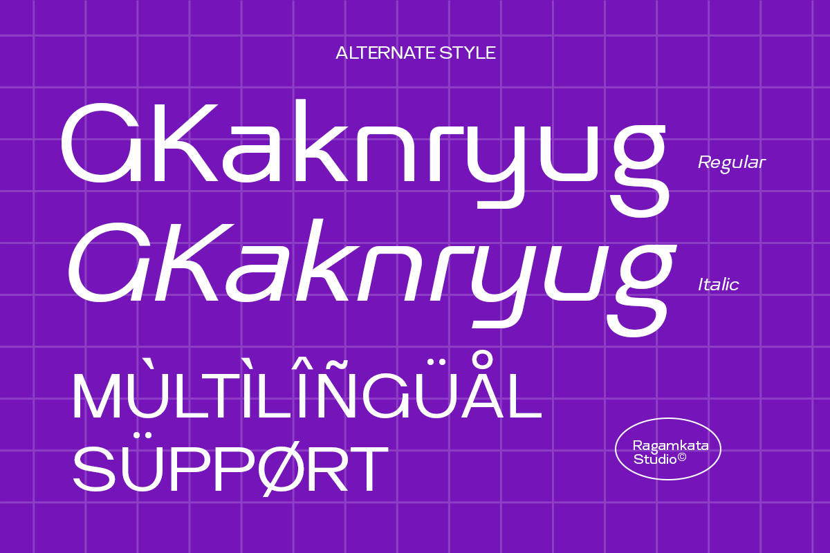 Gkaknryug font in regular plus italic with multilingual character support on bright purple grid