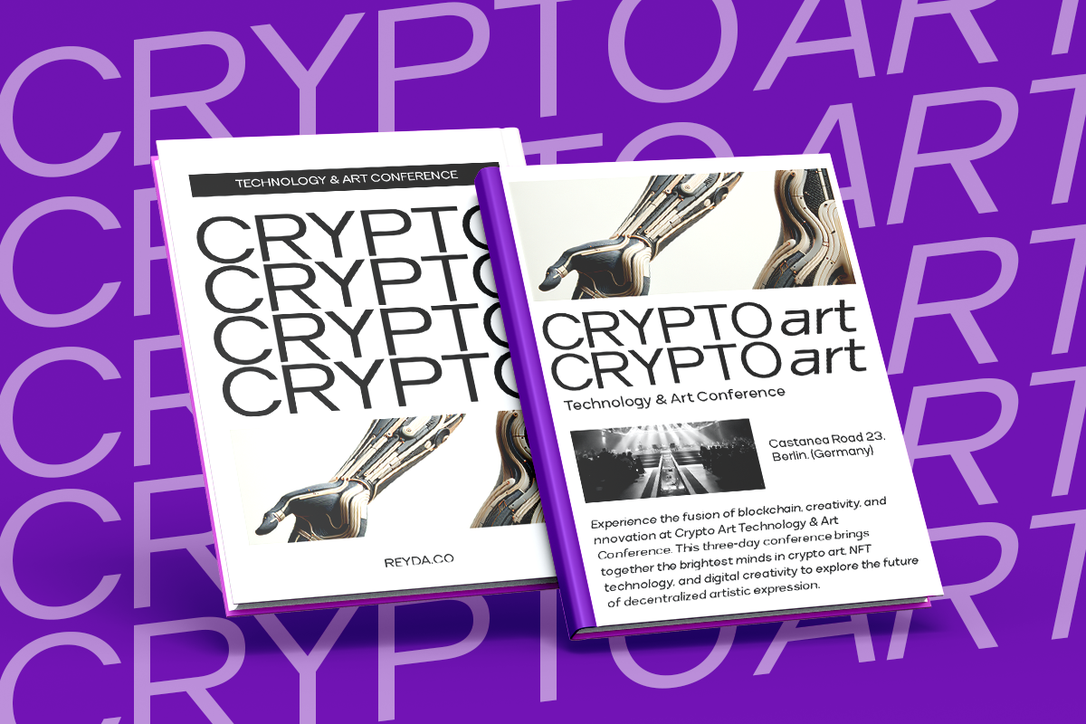 Crypto Art conference brochure mockup with bold purple background, open magazine spreads showing typography, metallic sculptures
