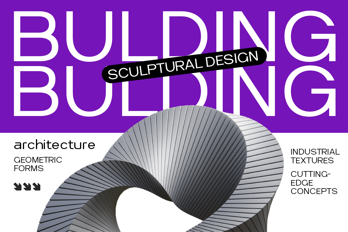 Bold typography over purple background with sculptural 3D forms, geometric shapes, industrial textures