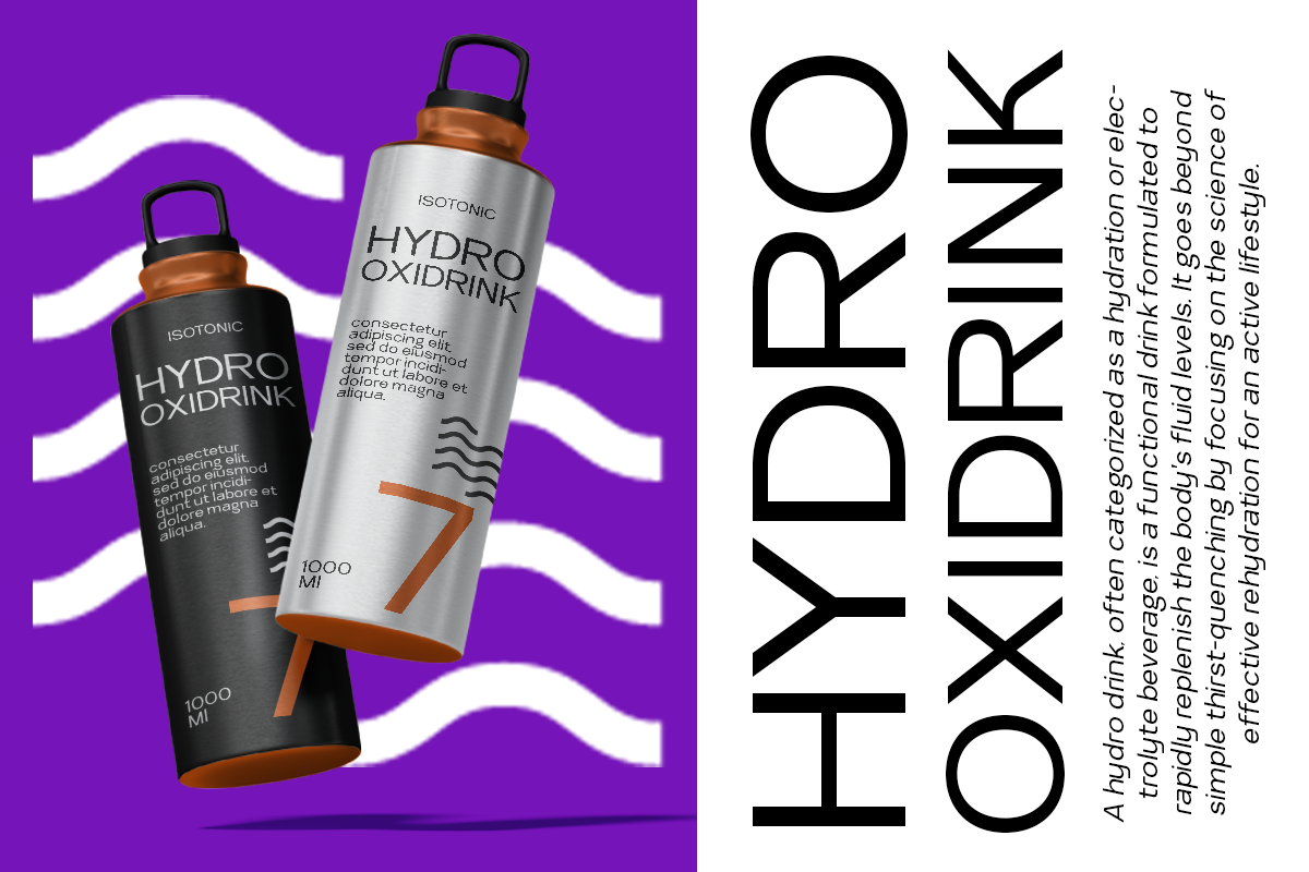 Hydro drink bottles mockup on vibrant purple background with wavy patterns, black plus silver containers with copper accents