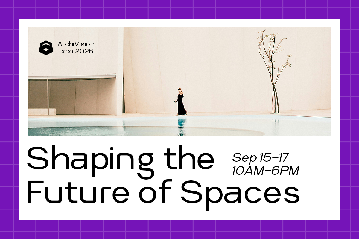 Minimalist architecture expo poster with woman by pool, bare walls, dried flowers